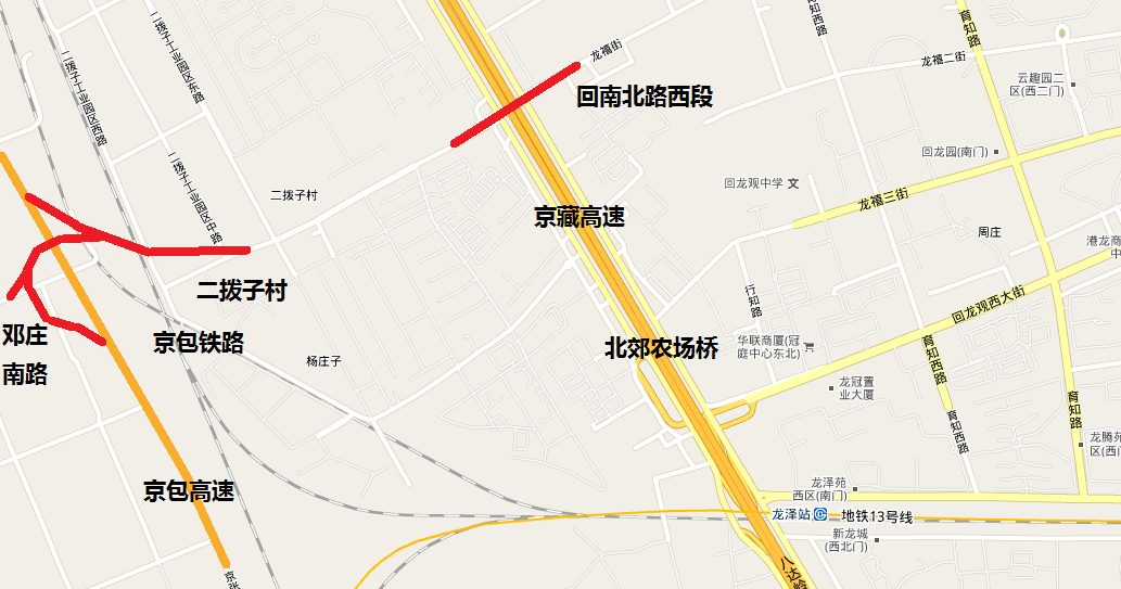 在回南北路西段(佰嘉城小区北侧)建设横跨京藏高速的立交桥,在二拨子